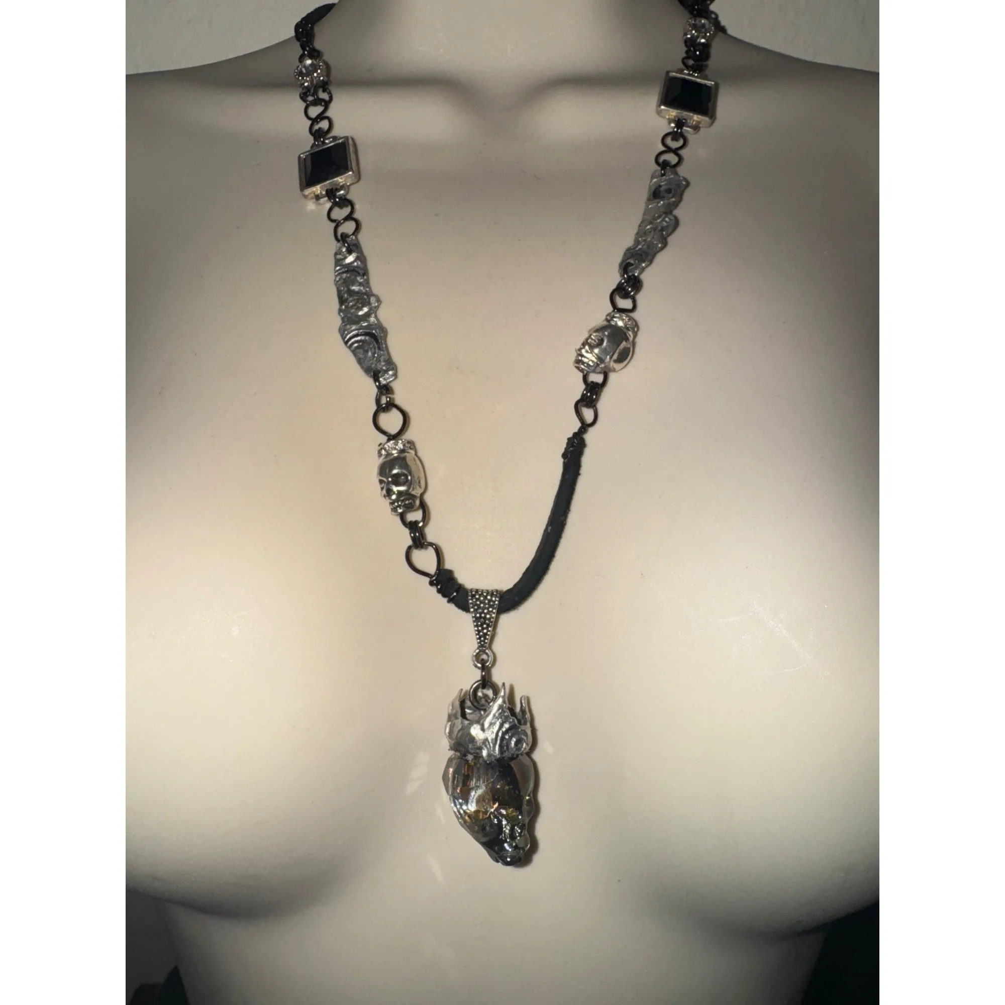 Hand Crafted Crystal Skull Pendant Silver W Black Onyx & Silver Blend Metalwork