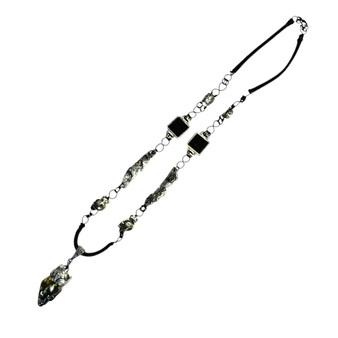 Hand Crafted Crystal Skull Pendant Silver W Black Onyx & Silver Blend Metalwork