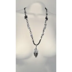 Hand Crafted Crystal Skull Pendant Silver W Black Onyx & Silver Blend Metalwork