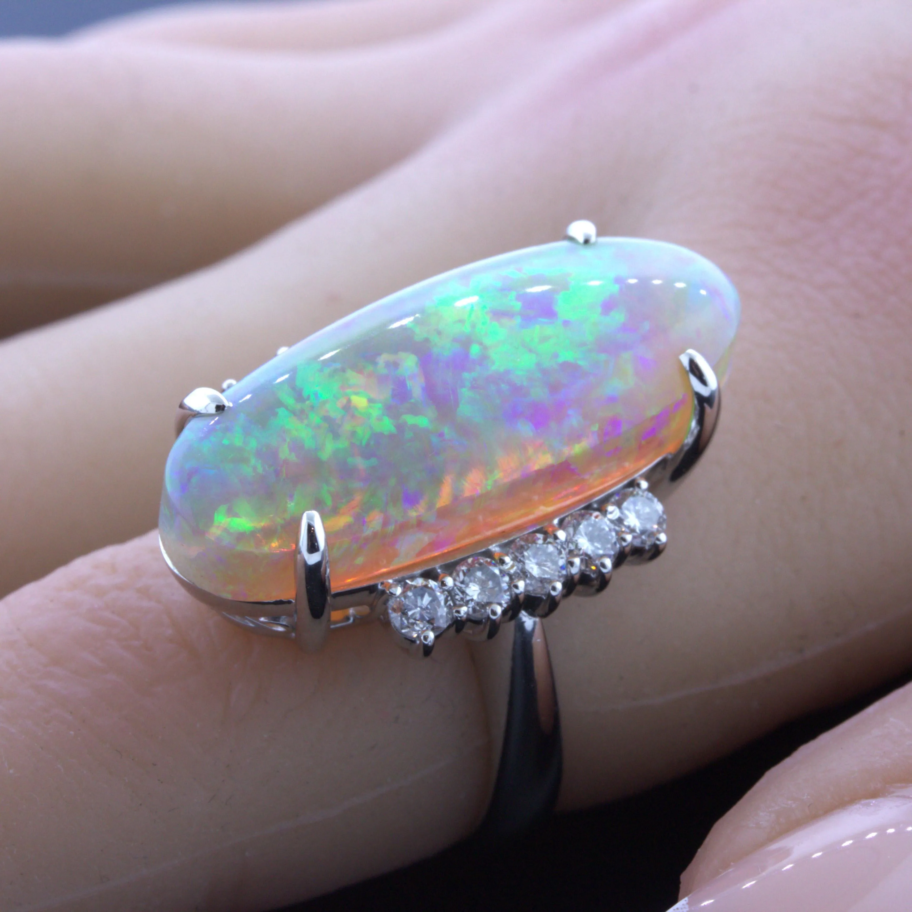Impressive 15.36 Carat Australian Crystal Opal Diamond Platinum Cocktail Ring