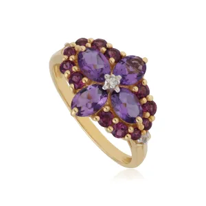 Kosmos Rhodolit, Klarer Topas & Pink Tourmalin Cocktail Ring in 9ct Gelb Gold