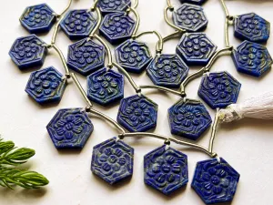Lapis Lazuli Hexagon Shape Flower Carving Beads