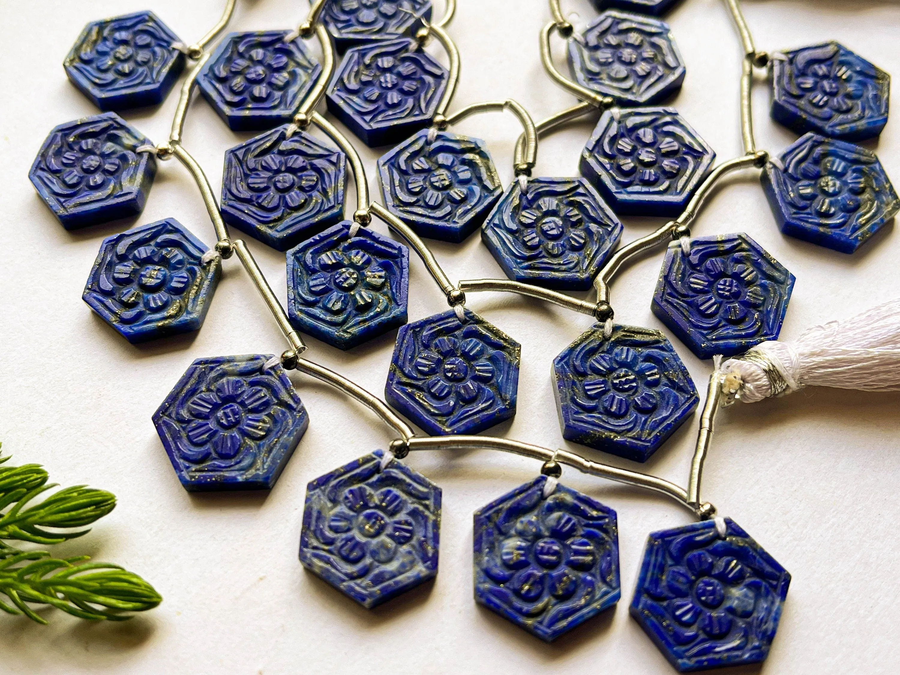 Lapis Lazuli Hexagon Shape Flower Carving Beads