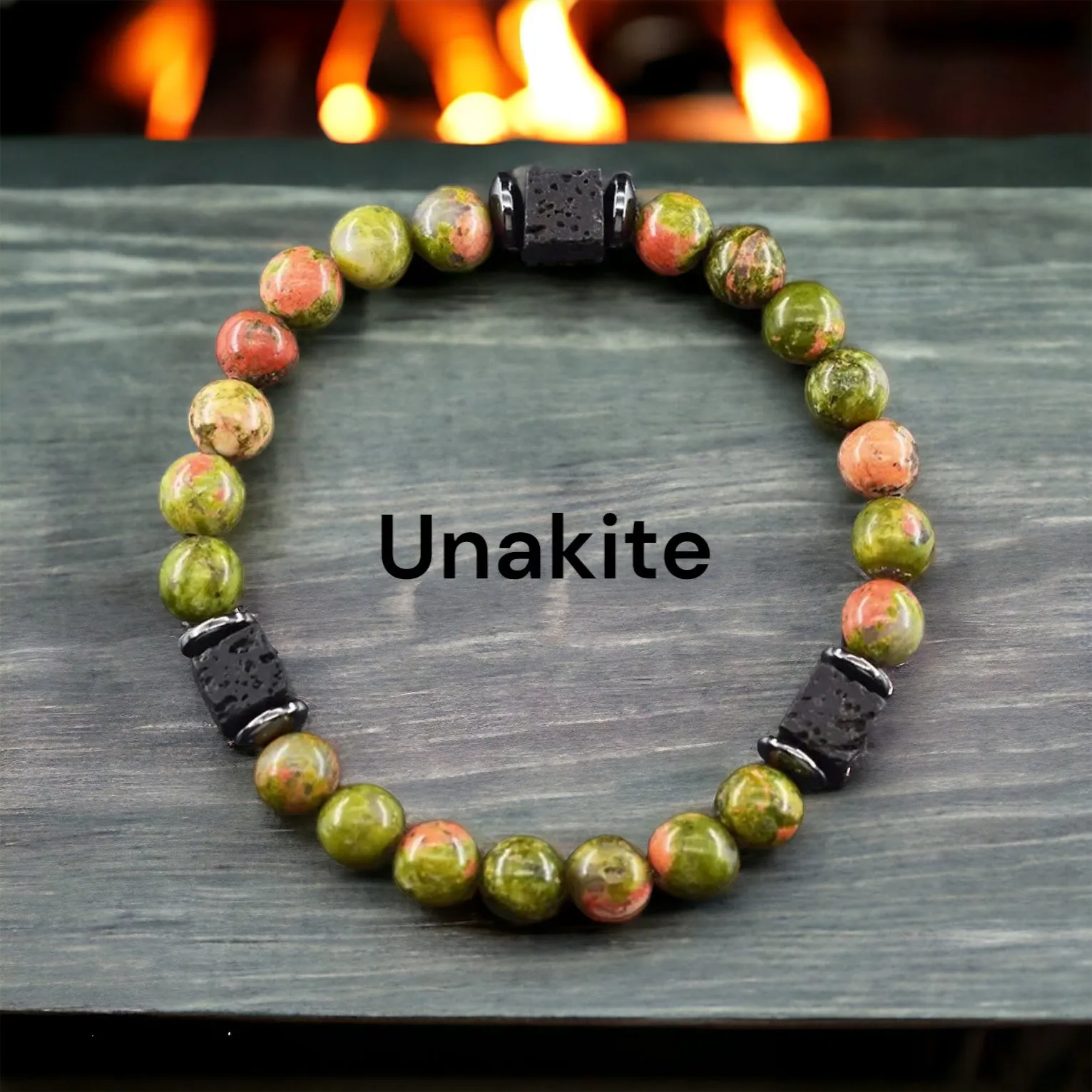 Lava Stone•Hematite & Choice of (Group A) Gemstones•Aromatherapy Volcanic Cube•Square•Custom Size•Round Stretch (8mm) Natural Gemstone Crystal Energy Bead Bracelet
