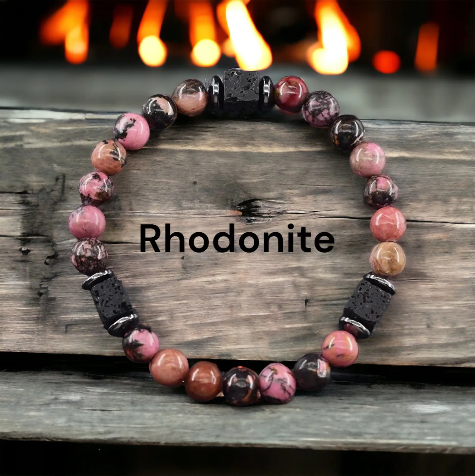 Lava Stone•Hematite & Choice of (Group A) Gemstones•Aromatherapy Volcanic Cube•Square•Custom Size•Round Stretch (8mm) Natural Gemstone Crystal Energy Bead Bracelet