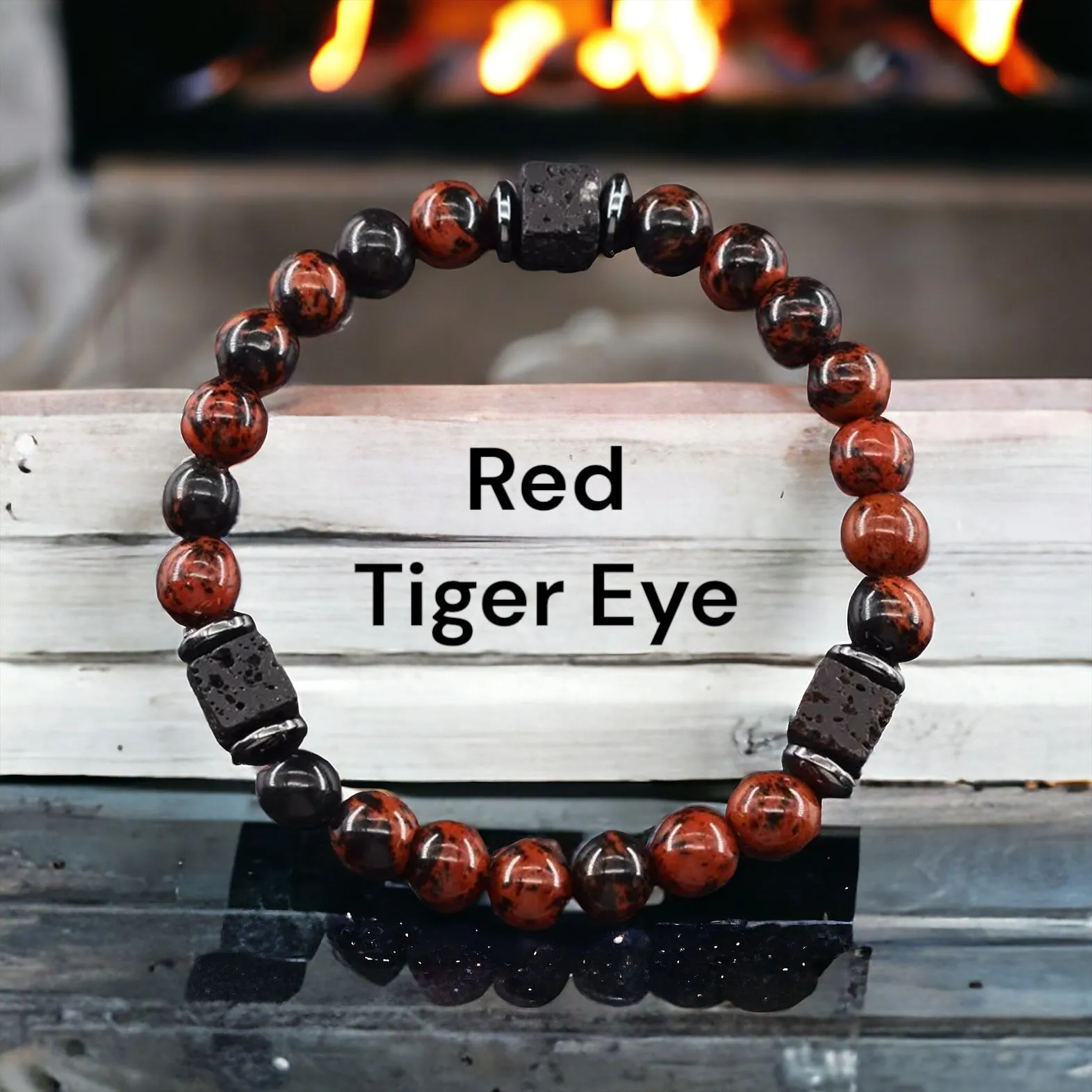 Lava Stone•Hematite & Choice of (Group A) Gemstones•Aromatherapy Volcanic Cube•Square•Custom Size•Round Stretch (8mm) Natural Gemstone Crystal Energy Bead Bracelet