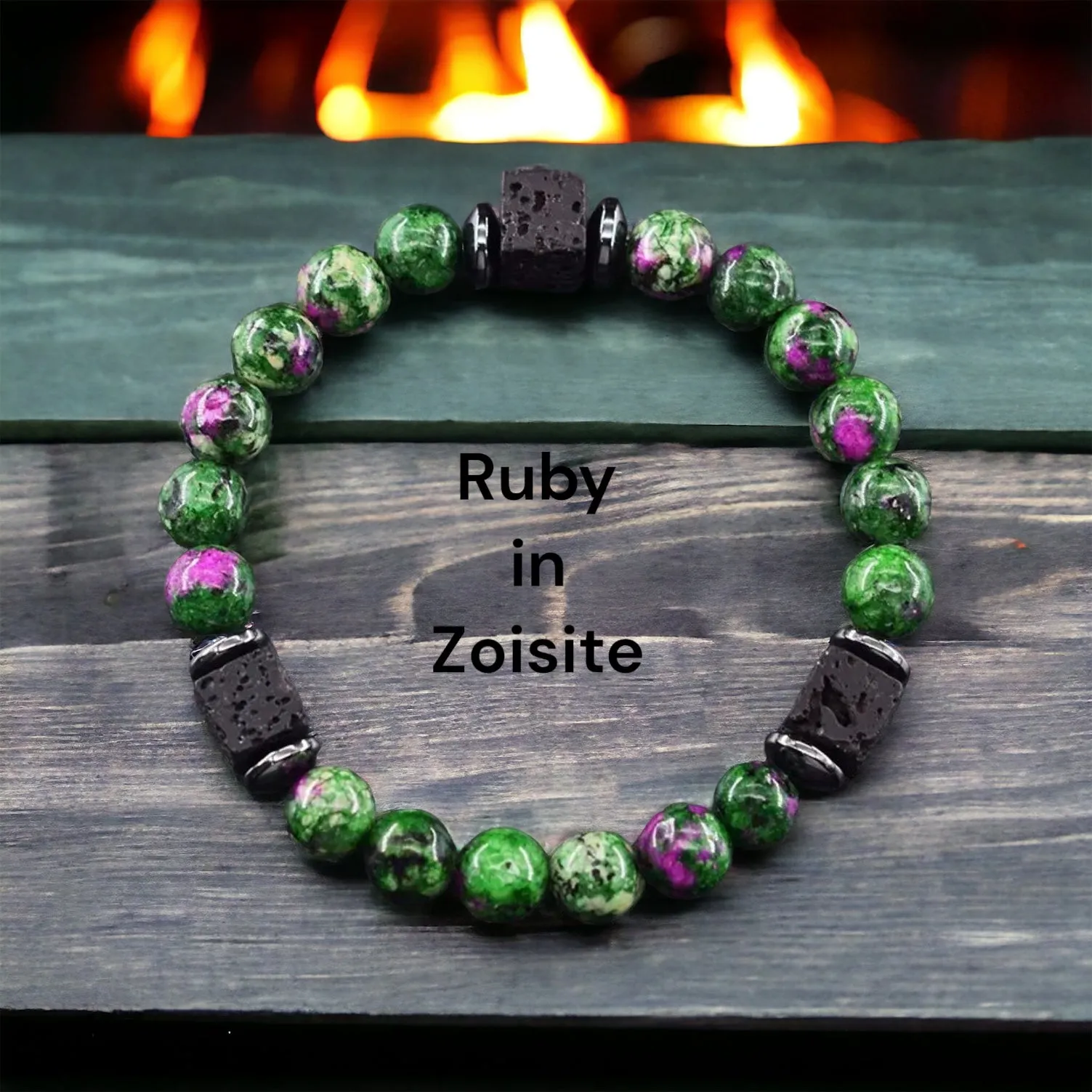 Lava Stone•Hematite & Choice of (Group A) Gemstones•Aromatherapy Volcanic Cube•Square•Custom Size•Round Stretch (8mm) Natural Gemstone Crystal Energy Bead Bracelet