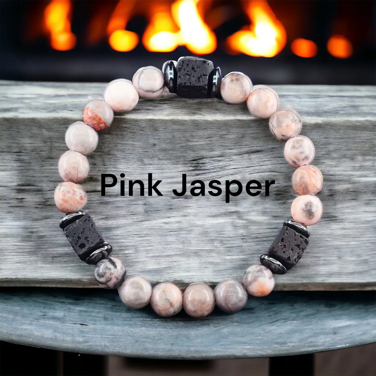 Lava Stone•Hematite & Choice of (Group A) Gemstones•Aromatherapy Volcanic Cube•Square•Custom Size•Round Stretch (8mm) Natural Gemstone Crystal Energy Bead Bracelet