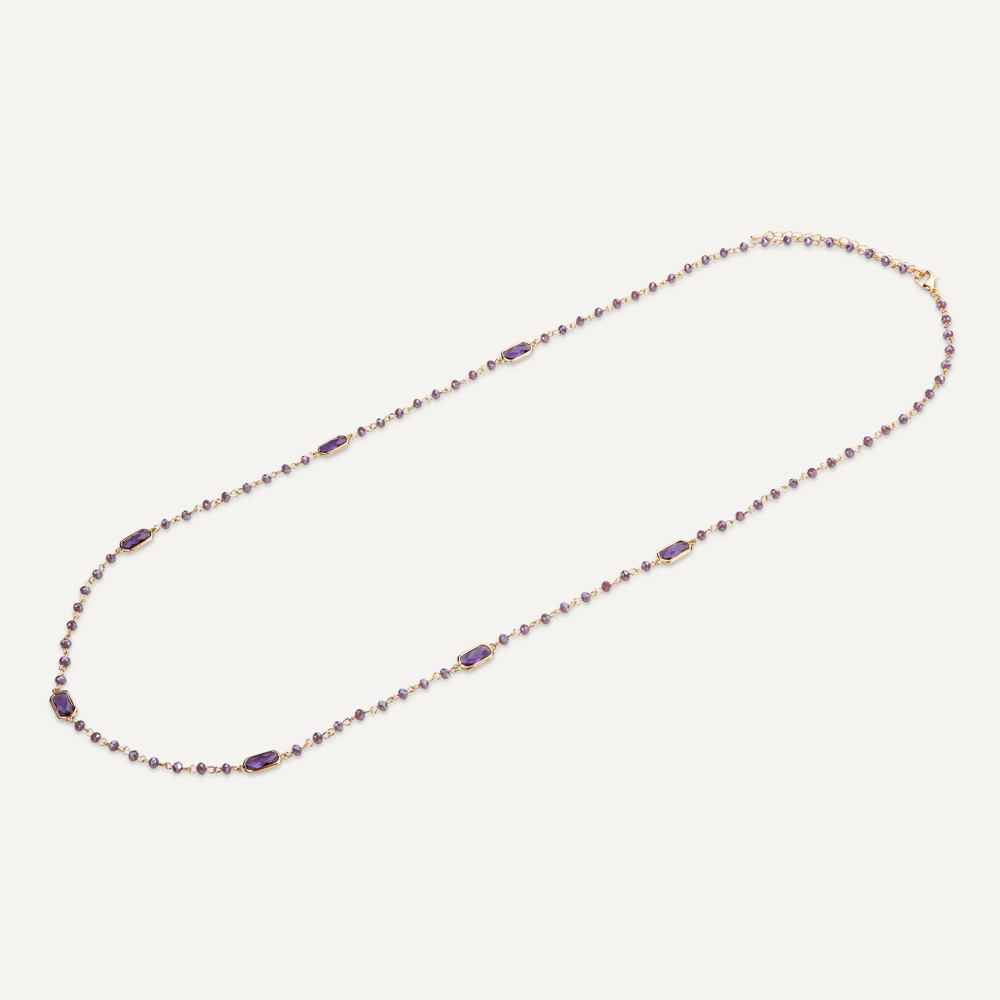 Long Amethyst Crystal Stone Necklace In Gold-Tone