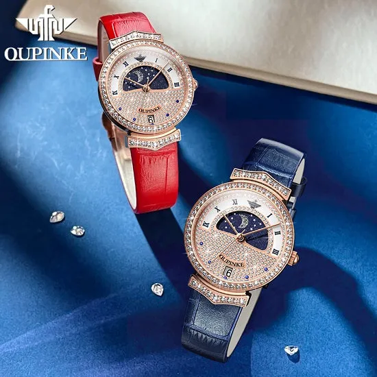 Luxury Quartz Swiss Movement Waterproof Diamond Starry Sky Dial Moon Phase Ladies Sport Wristwatches