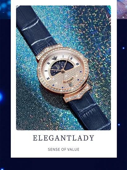 Luxury Quartz Swiss Movement Waterproof Diamond Starry Sky Dial Moon Phase Ladies Sport Wristwatches
