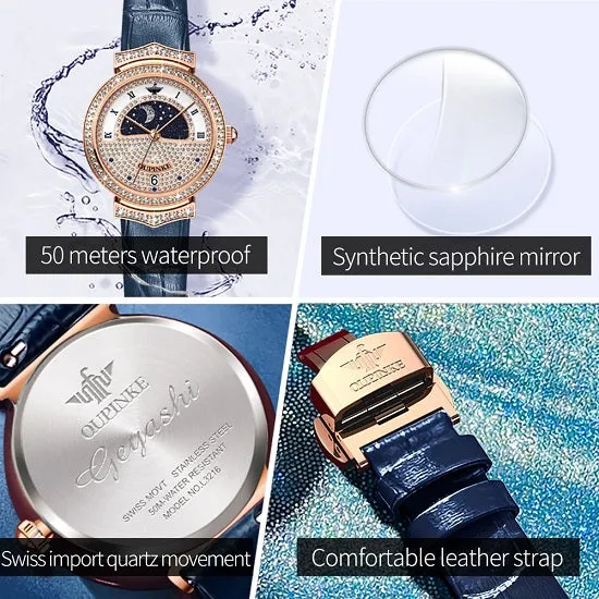 Luxury Quartz Swiss Movement Waterproof Diamond Starry Sky Dial Moon Phase Ladies Sport Wristwatches