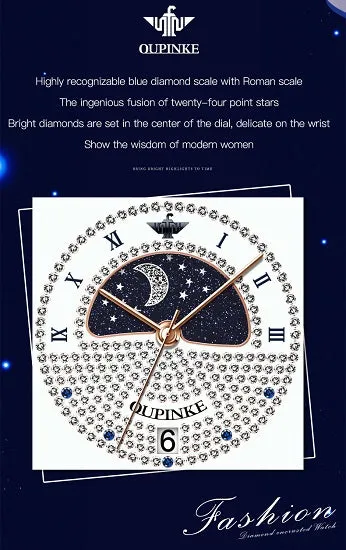 Luxury Quartz Swiss Movement Waterproof Diamond Starry Sky Dial Moon Phase Ladies Sport Wristwatches