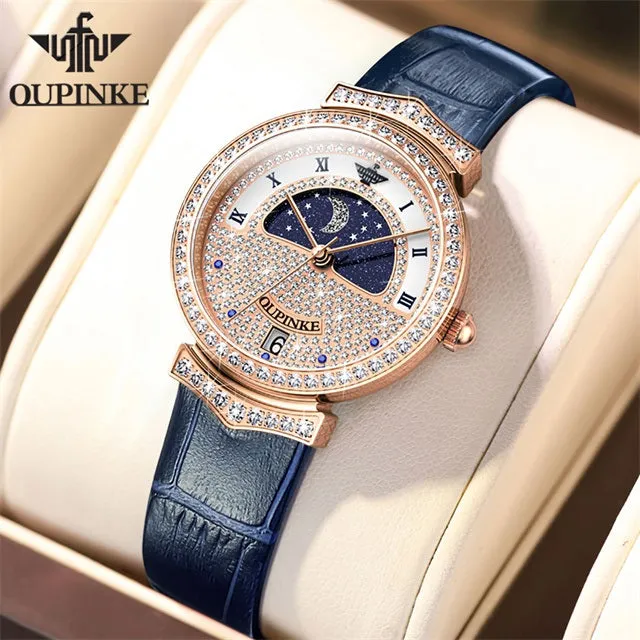Luxury Quartz Swiss Movement Waterproof Diamond Starry Sky Dial Moon Phase Ladies Sport Wristwatches