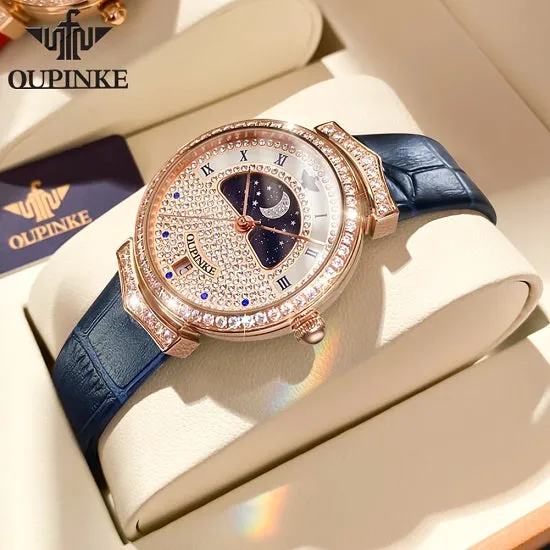 Luxury Quartz Swiss Movement Waterproof Diamond Starry Sky Dial Moon Phase Ladies Sport Wristwatches