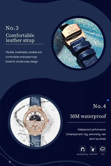 Luxury Quartz Swiss Movement Waterproof Diamond Starry Sky Dial Moon Phase Ladies Sport Wristwatches