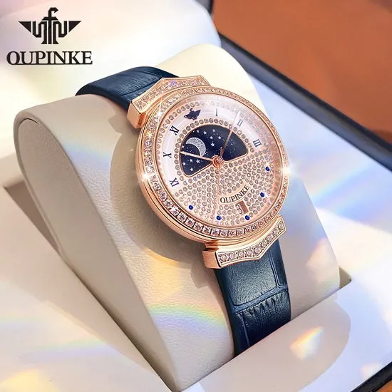 Luxury Quartz Swiss Movement Waterproof Diamond Starry Sky Dial Moon Phase Ladies Sport Wristwatches