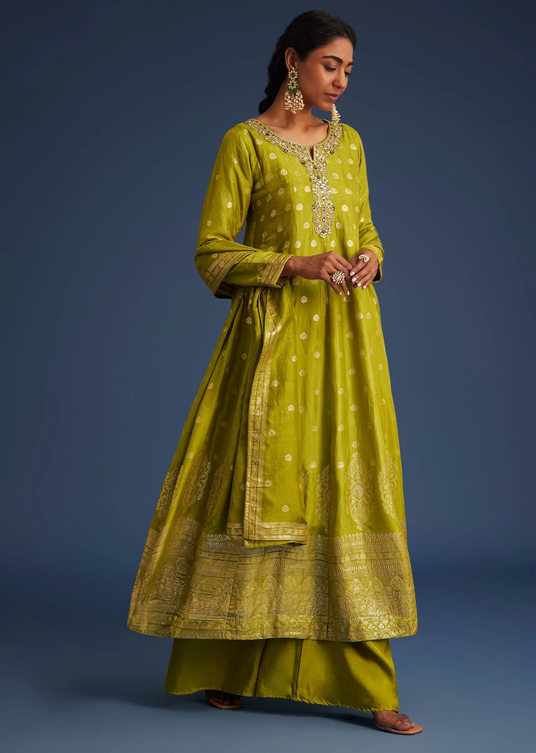 Mehendi Green Jacquard Anarkali Set With Banarasi Silk Dupatta