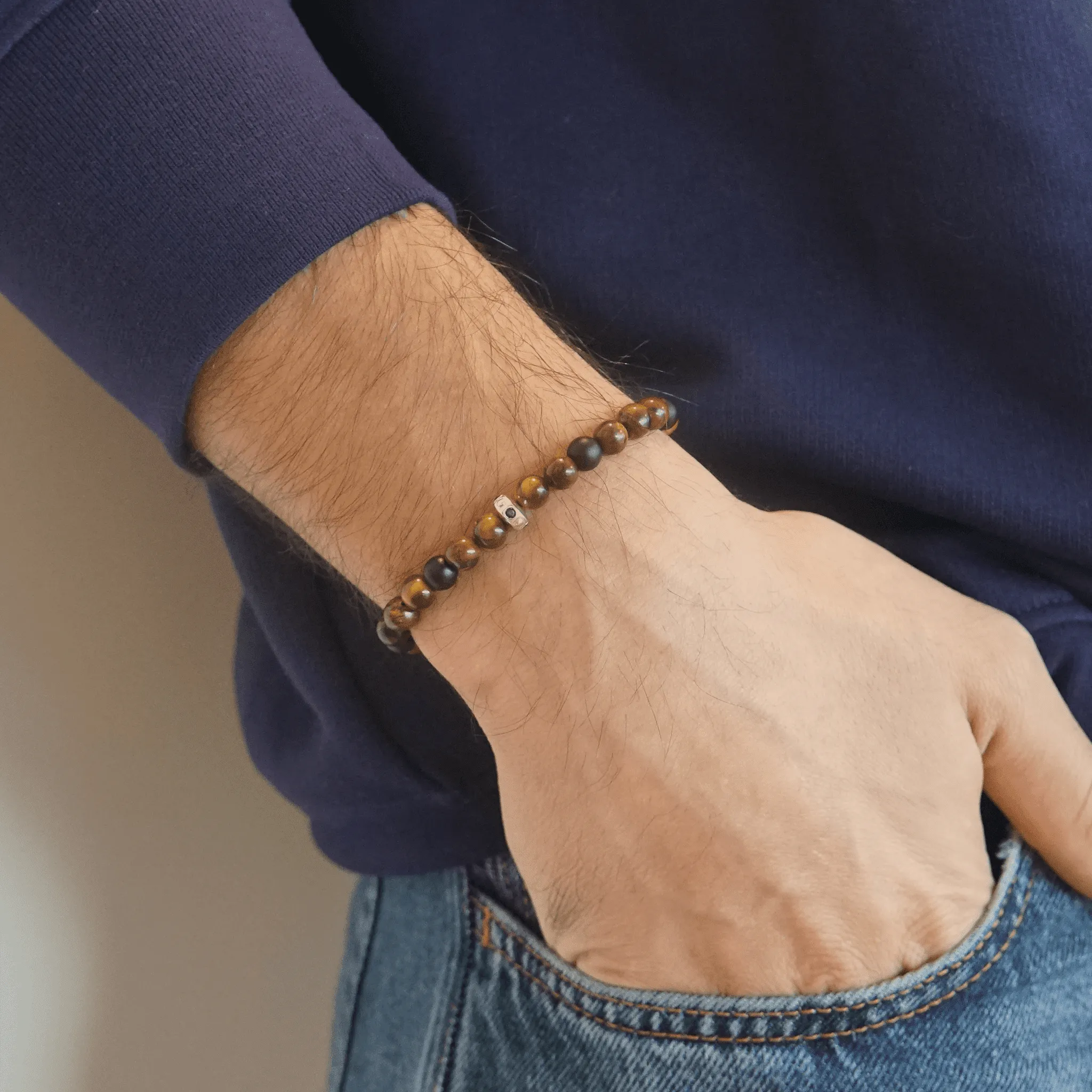 Men's Brown Tiger Eye & Matte Onyx Bead Bracelet - 14K Rose Gold