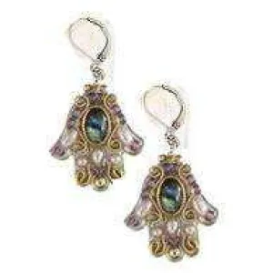 Michal Golan Abalone and Amethyst Hamsa Earrings