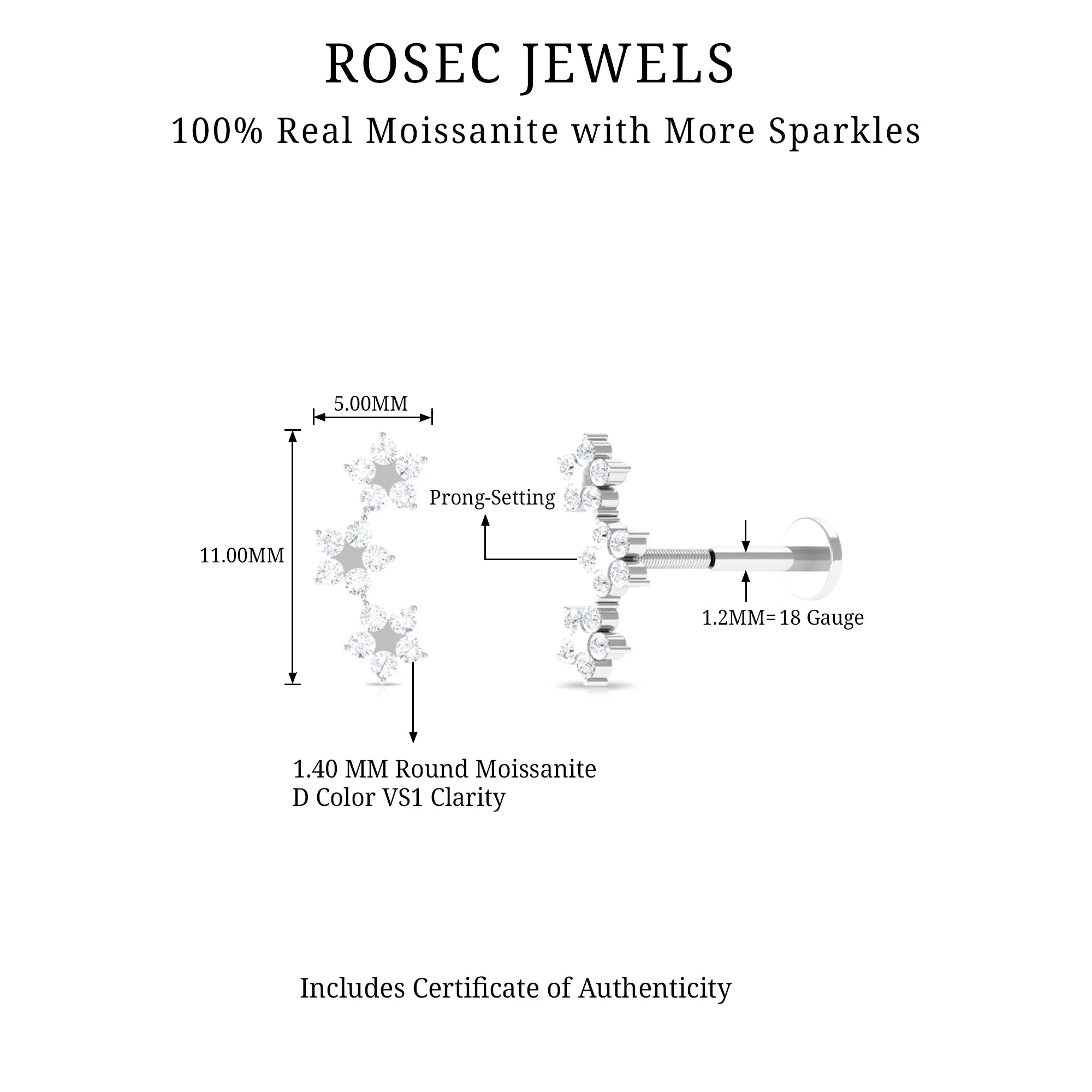 Moissanite Gold Flower Crawler Earring for Helix Piercing