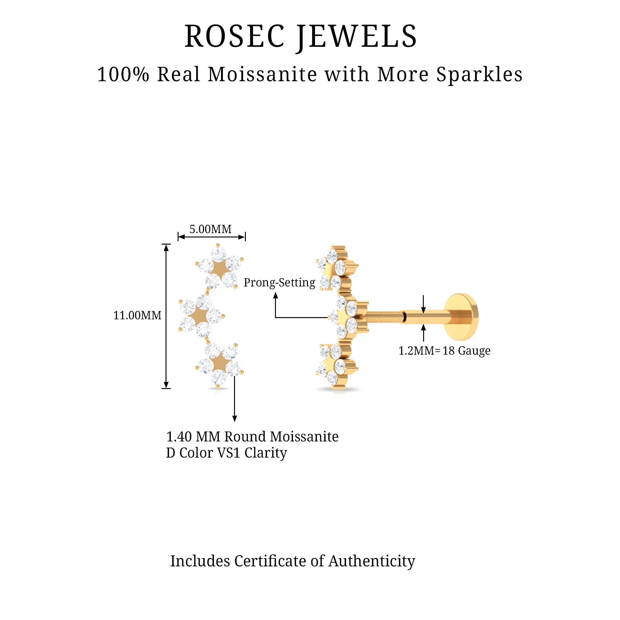 Moissanite Gold Flower Crawler Earring for Helix Piercing
