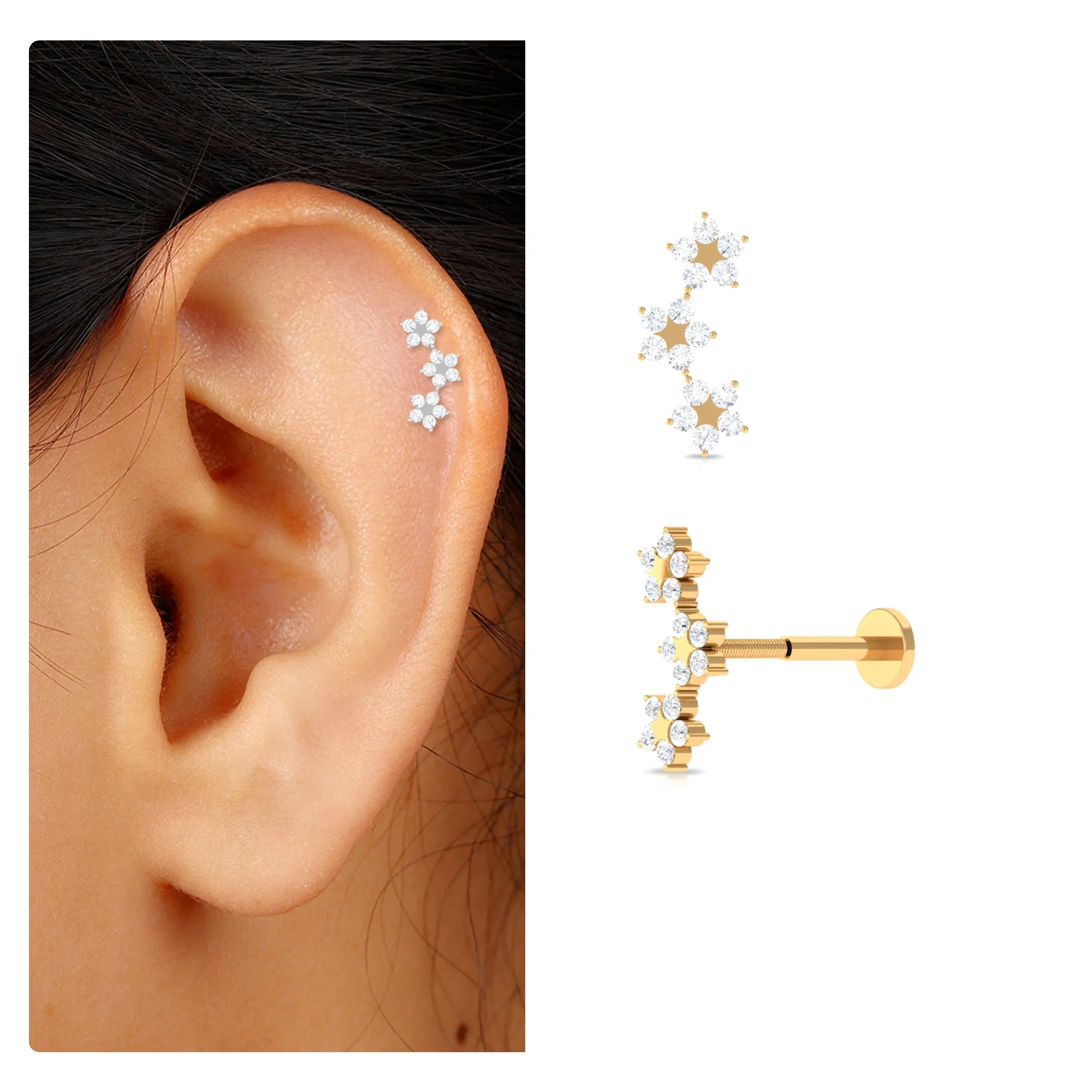 Moissanite Gold Flower Crawler Earring for Helix Piercing