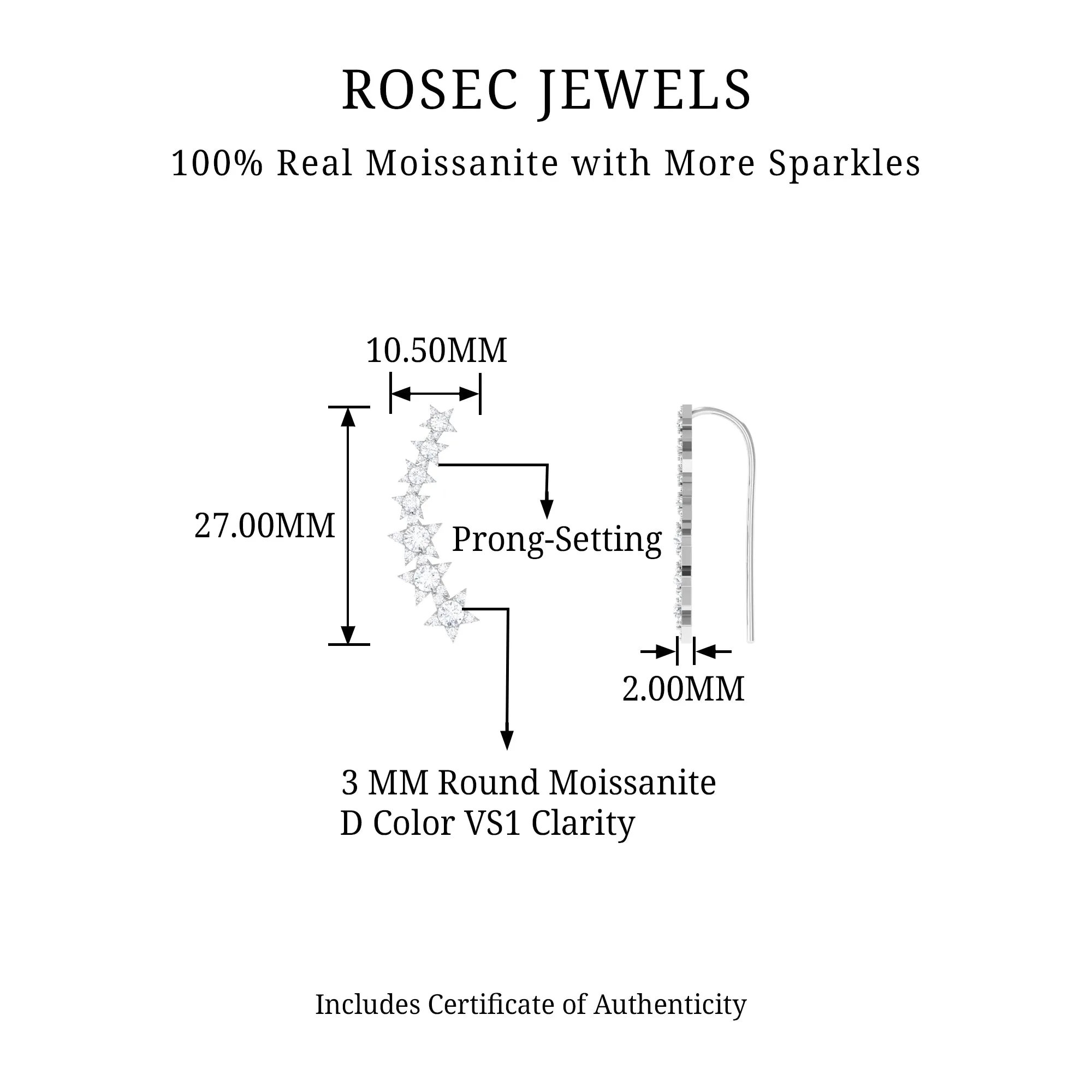Moissanite Star Climber Earring for Cartilage Piercing