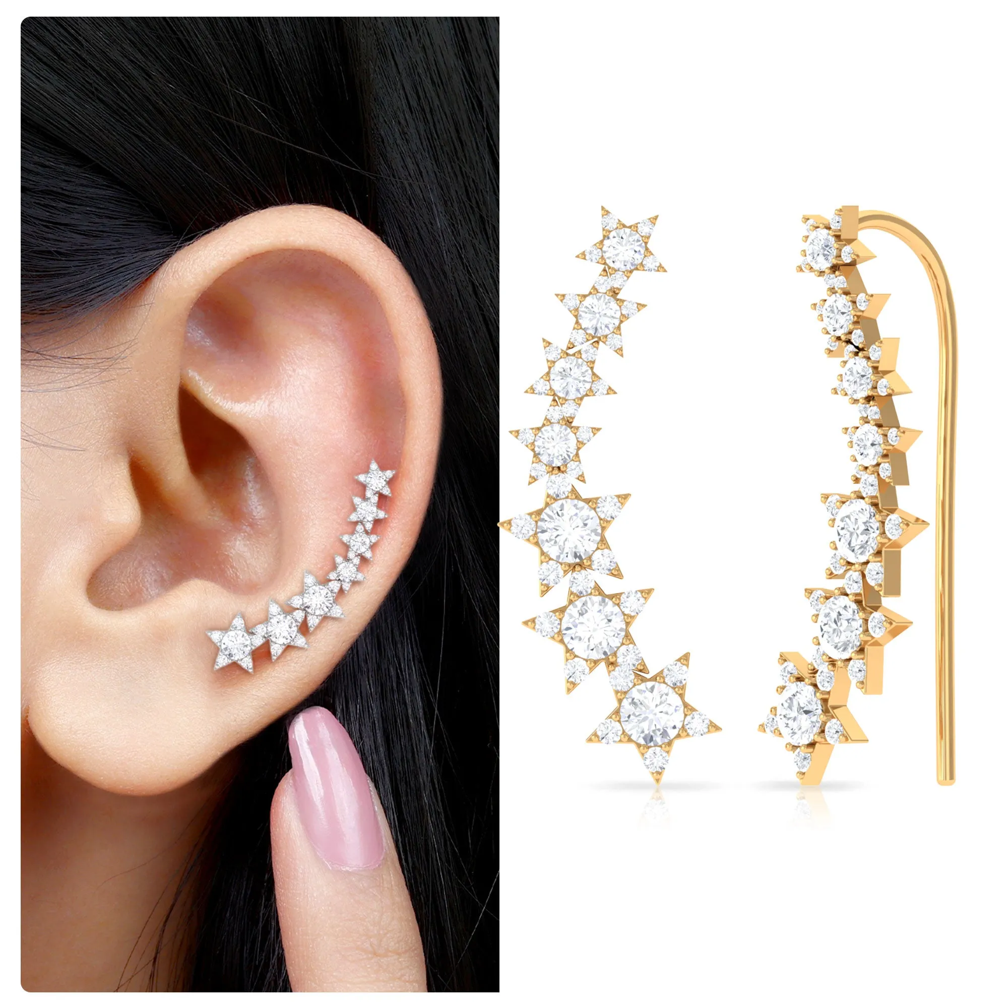 Moissanite Star Climber Earring for Cartilage Piercing