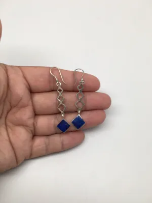 Natural Lapis Lazuli Sterling Silver 1 Square Dangle Earrings Afghanistan,SE27