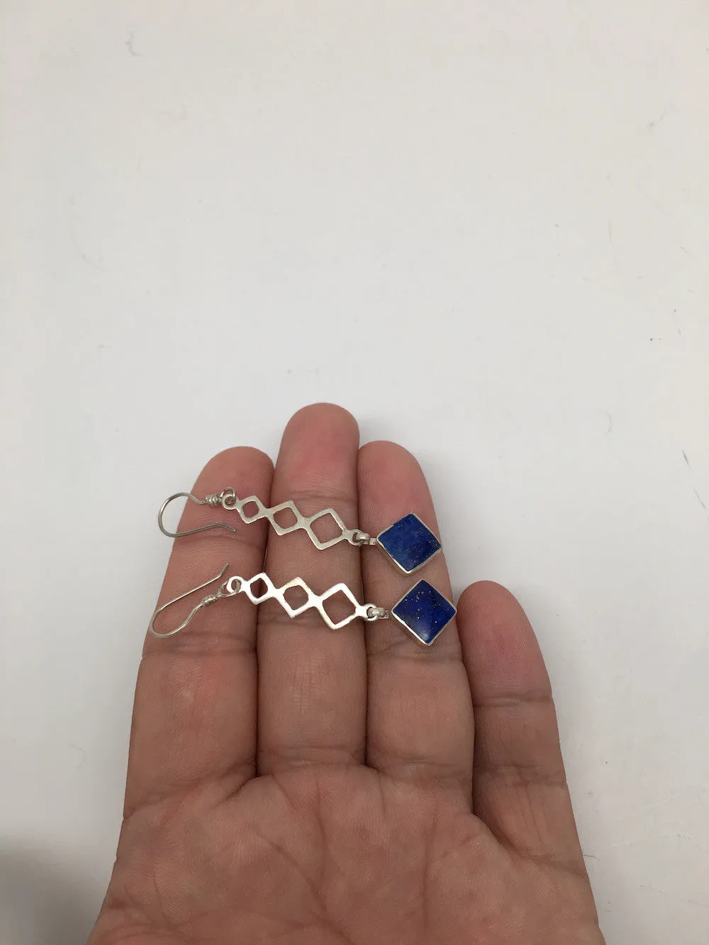 Natural Lapis Lazuli Sterling Silver 1 Square Dangle Earrings Afghanistan,SE27