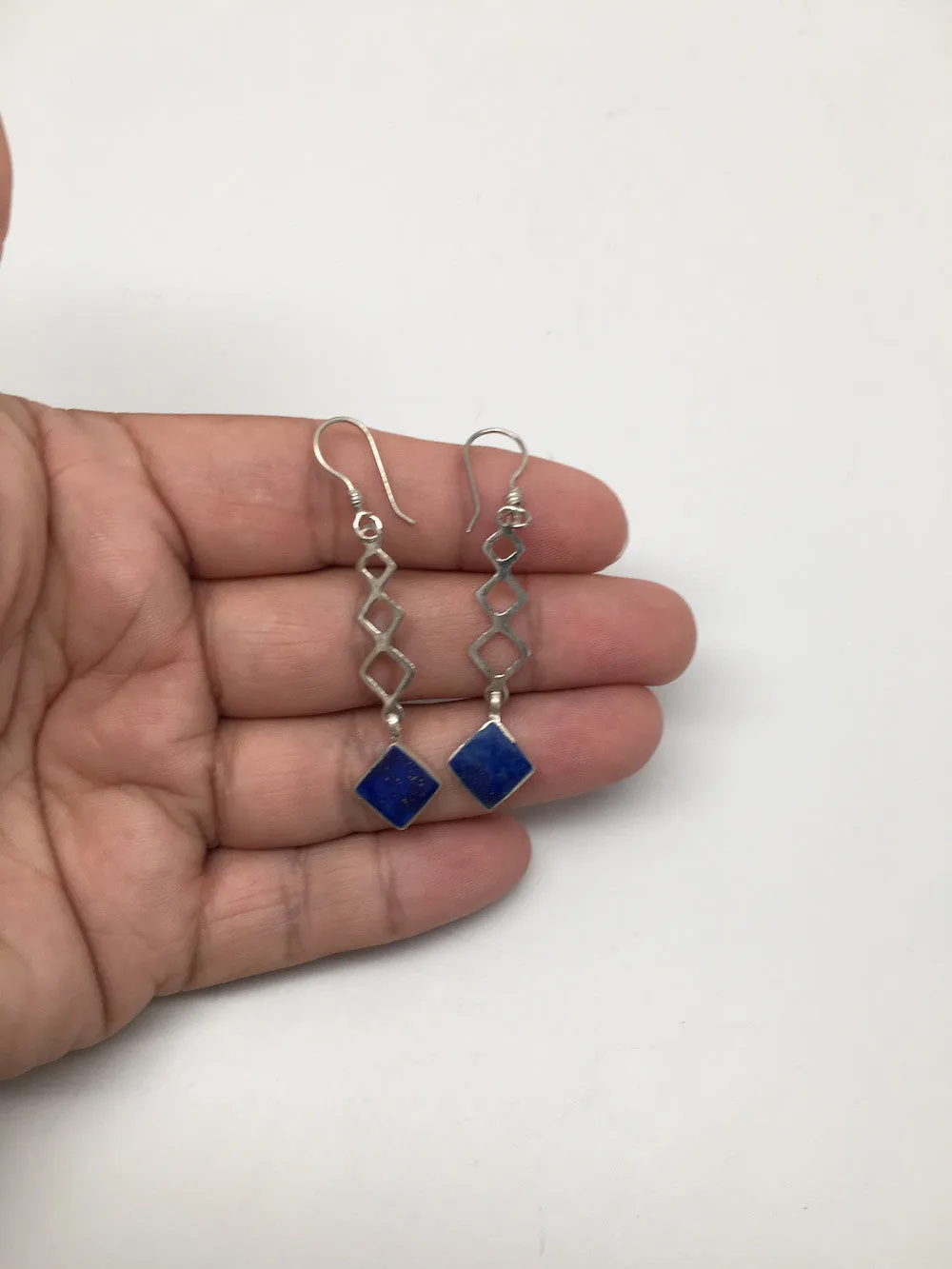 Natural Lapis Lazuli Sterling Silver 1 Square Dangle Earrings Afghanistan,SE27