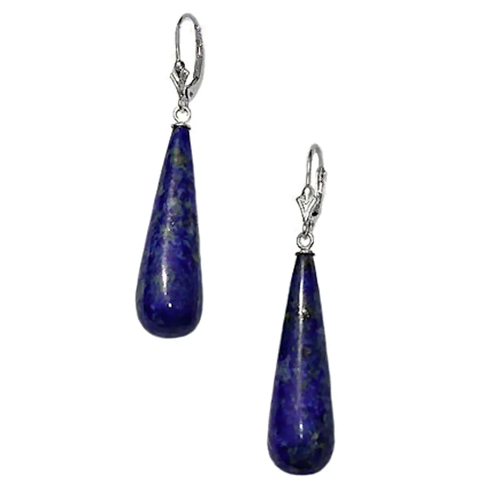 Natural Lapis Lazuli Teardrop Leverback Earrings 14K White Gold
