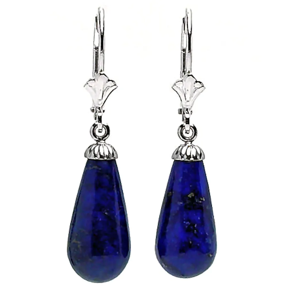 Natural Lapis Lazuli Teardrop Leverback Earrings 14K White Gold