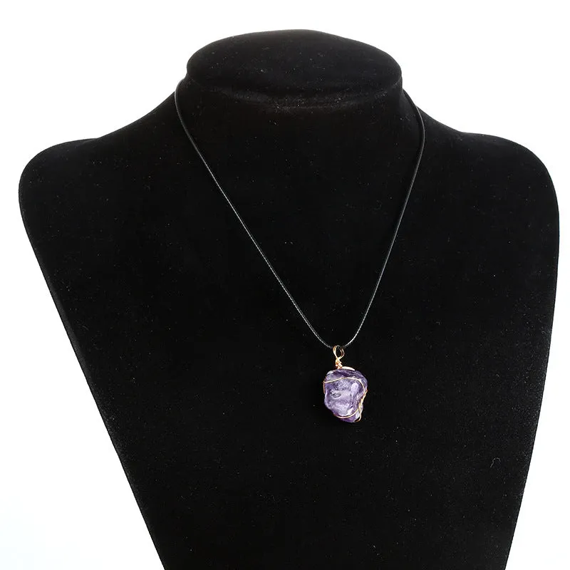 Natural Raw Stone Amethyst Thread Wound Gold Wire Naked Stone Pendant Irregular Random Shipping Necklace Jewelry