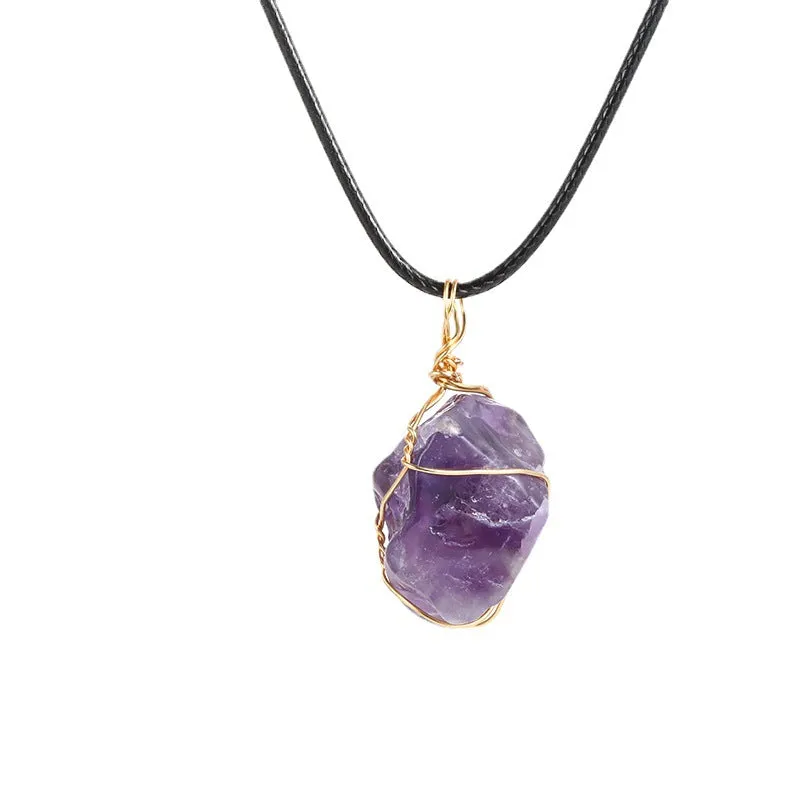 Natural Raw Stone Amethyst Thread Wound Gold Wire Naked Stone Pendant Irregular Random Shipping Necklace Jewelry