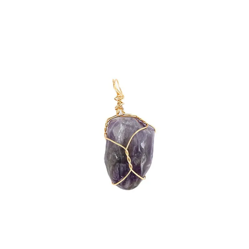 Natural Raw Stone Amethyst Thread Wound Gold Wire Naked Stone Pendant Irregular Random Shipping Necklace Jewelry