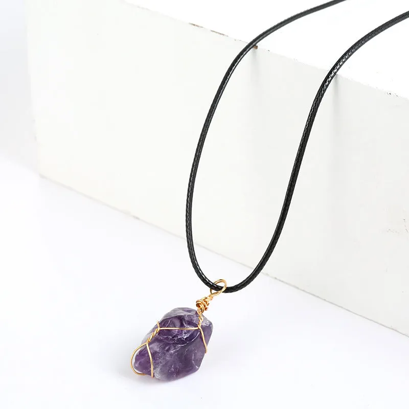 Natural Raw Stone Amethyst Thread Wound Gold Wire Naked Stone Pendant Irregular Random Shipping Necklace Jewelry