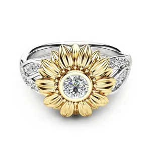 New gold-plated couple ring sunflower flower color separation zircon ring