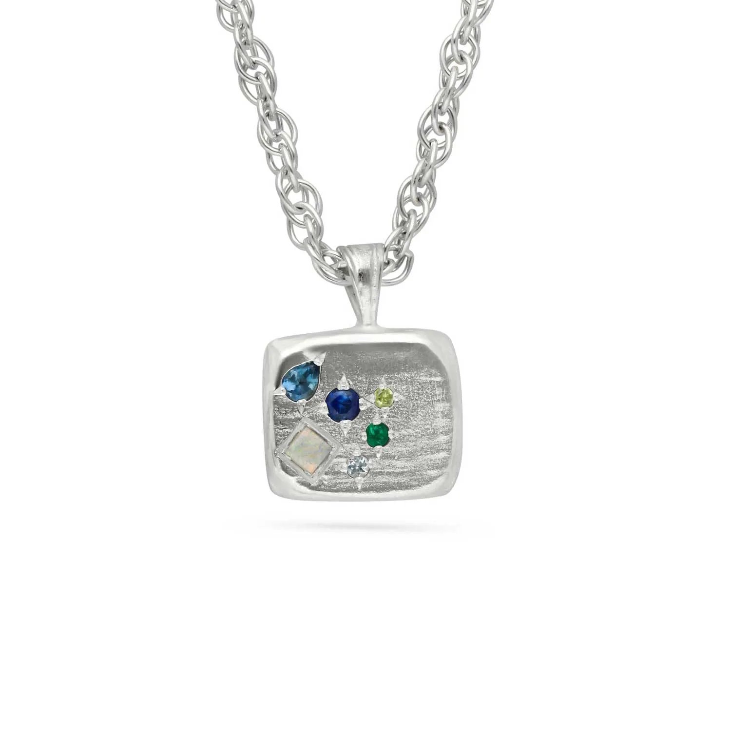 OCEAN Gemstone Large Square Pendant Necklace Silver