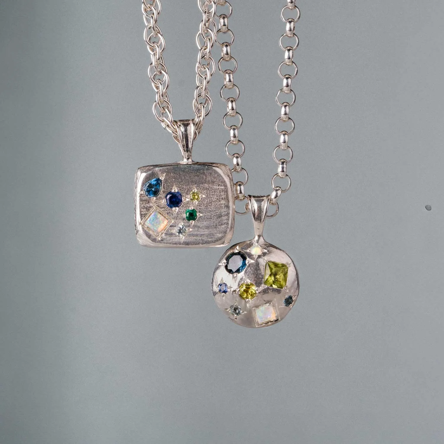 OCEAN Gemstone Large Square Pendant Necklace Silver