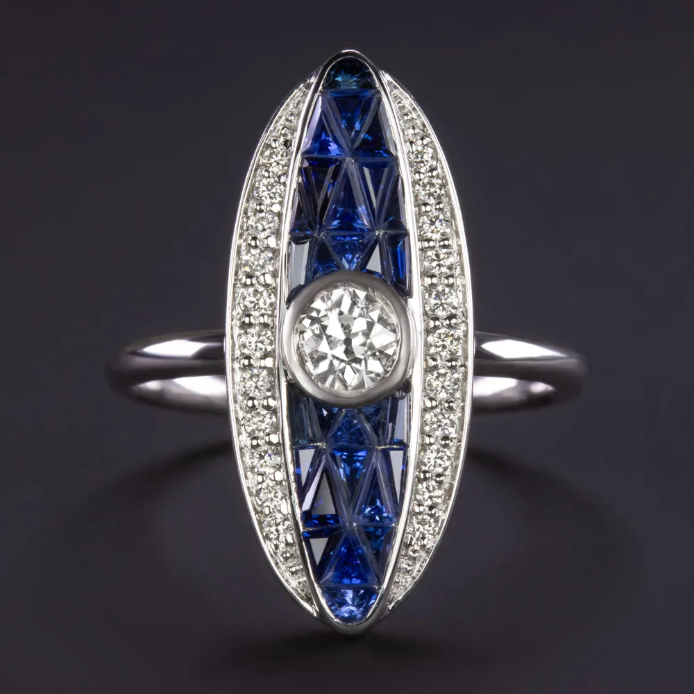 OLD EUROPEAN CUT DIAMOND SAPPHIRE COCKTAIL RING NAVETTE WHITE GOLD VINTAGE STYLE