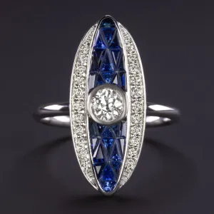 OLD EUROPEAN CUT DIAMOND SAPPHIRE COCKTAIL RING NAVETTE WHITE GOLD VINTAGE STYLE