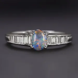 OPAL DIAMOND COCKTAIL RING PLATINUM OVAL SHAPE BAGUETTE NATURAL GEMSTONE ESTATE