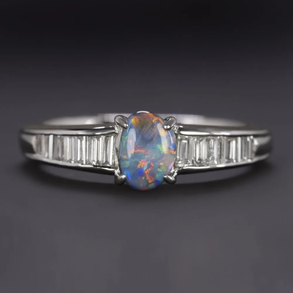 OPAL DIAMOND COCKTAIL RING PLATINUM OVAL SHAPE BAGUETTE NATURAL GEMSTONE ESTATE