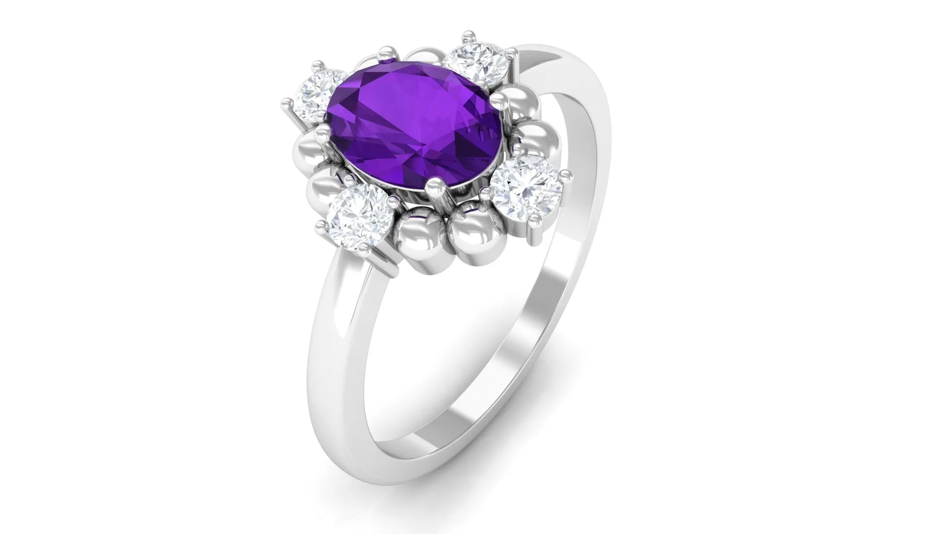 Oval Amethyst and Diamond Cocktail Ring with Beads