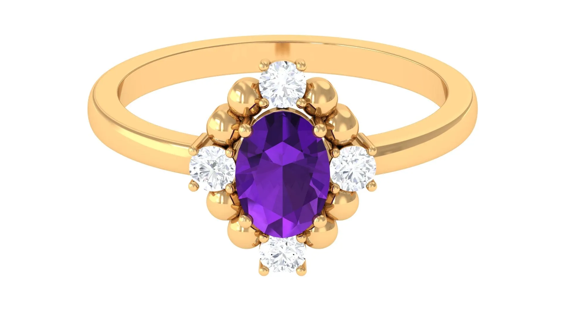 Oval Amethyst and Diamond Cocktail Ring with Beads