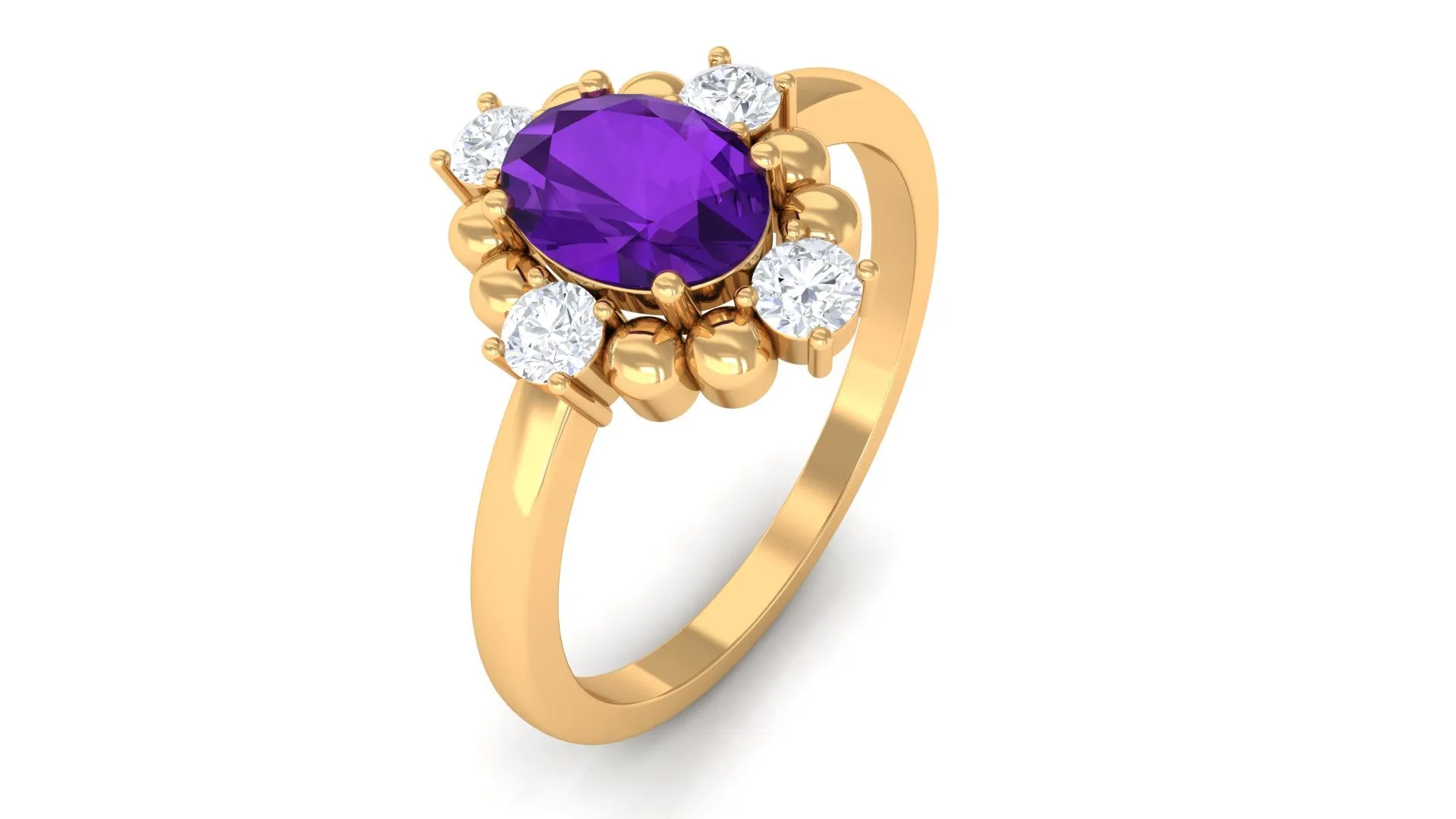 Oval Amethyst and Diamond Cocktail Ring with Beads