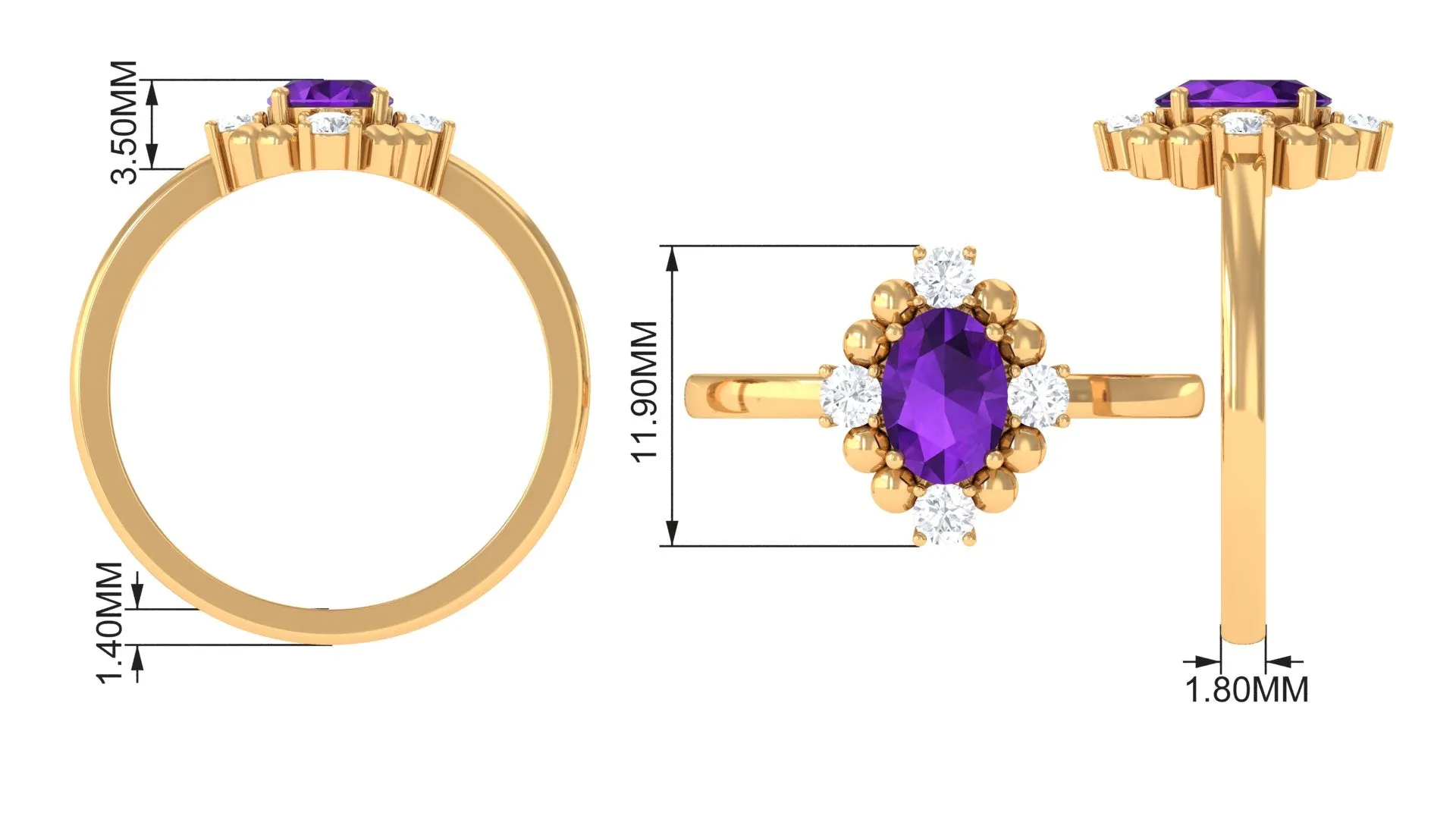 Oval Amethyst and Diamond Cocktail Ring with Beads