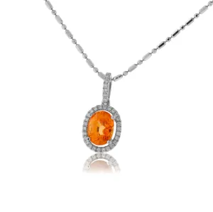 Oval Orange Garnet & Diamond Halo Drop Pendant